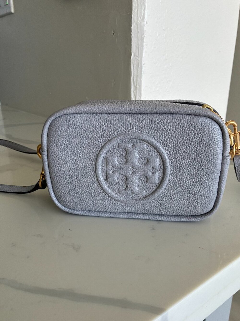 Tory Burch Perry Bombé Mini Gray Leather Crossbody + Dust Bag